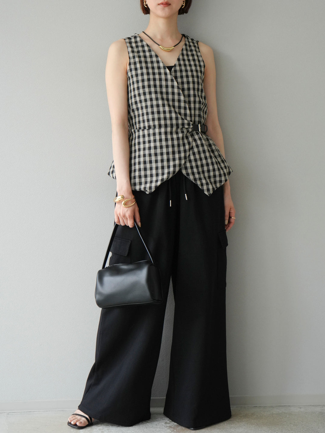 [予約]ベルトデザインバルーンブラウス/チェック