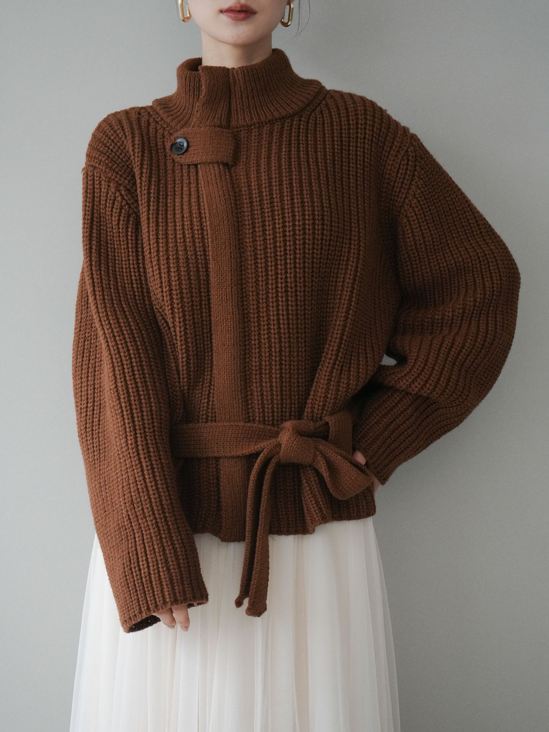 [SET]畦編みボトルネックZIPニットカーディガン+チュールボリュームスカート(2set)