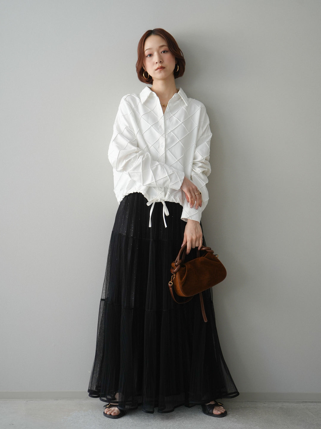 [予約]ラメプリーツレイヤードチュールロングスカート/black