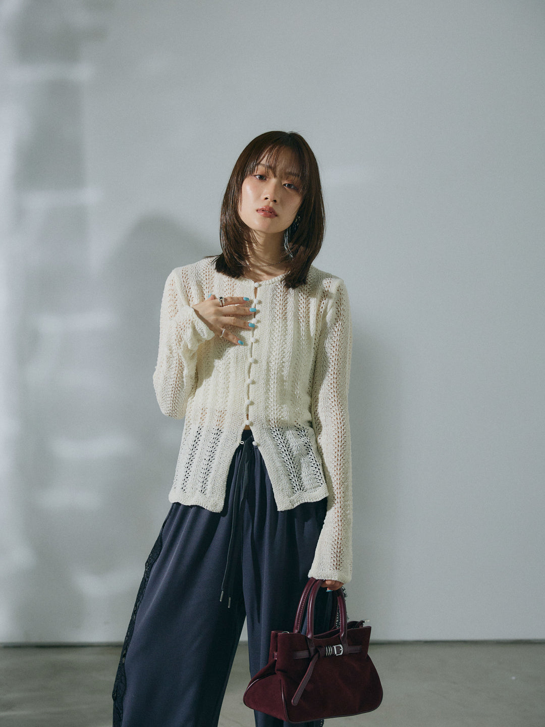 【Allure】[SET]透かし編みニットカーディガントップス+サイドピンタックレースイージーワイドパンツ(2set)