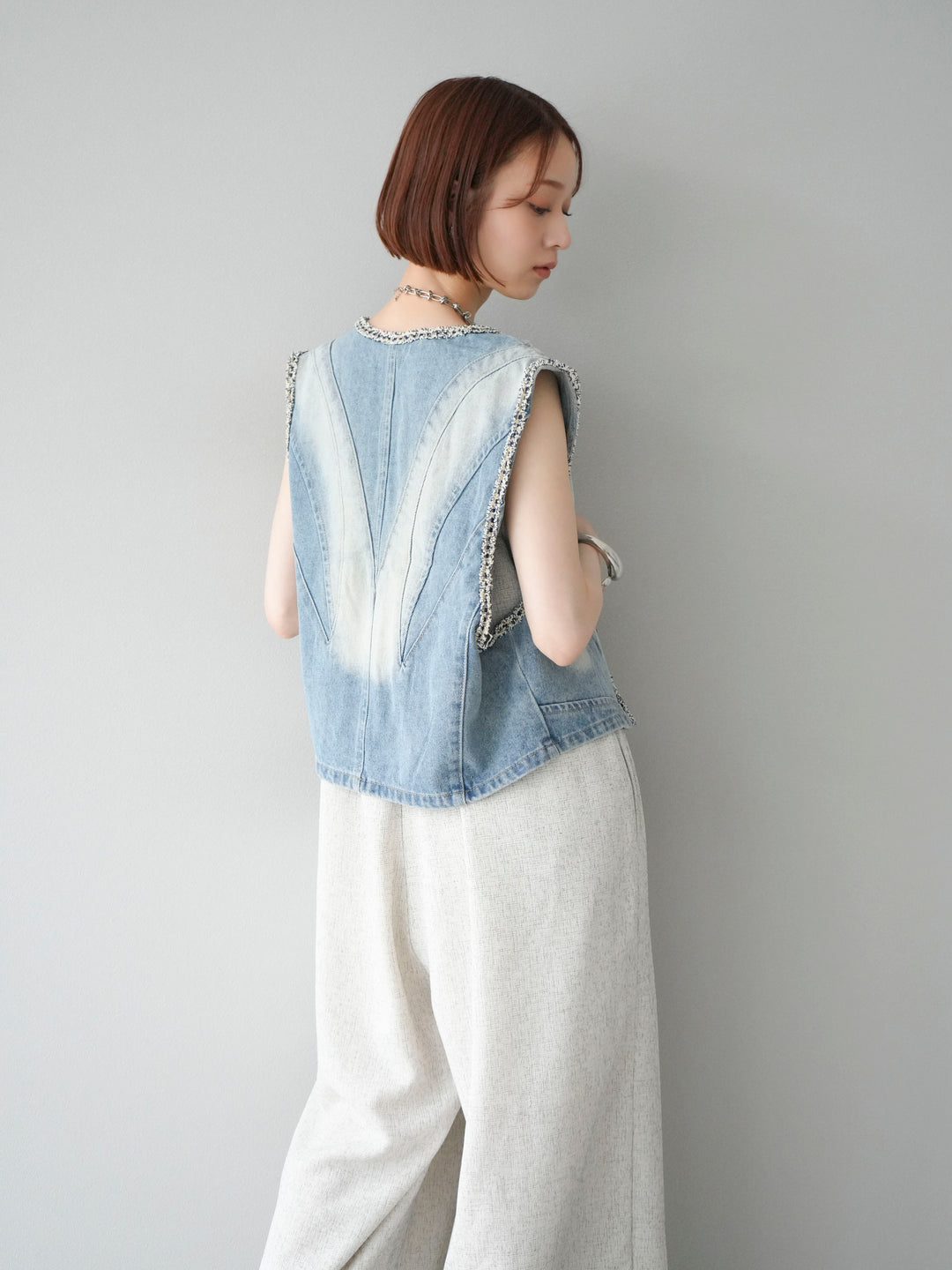 [予約]ツイードデザインデニムベスト/ライトブルー