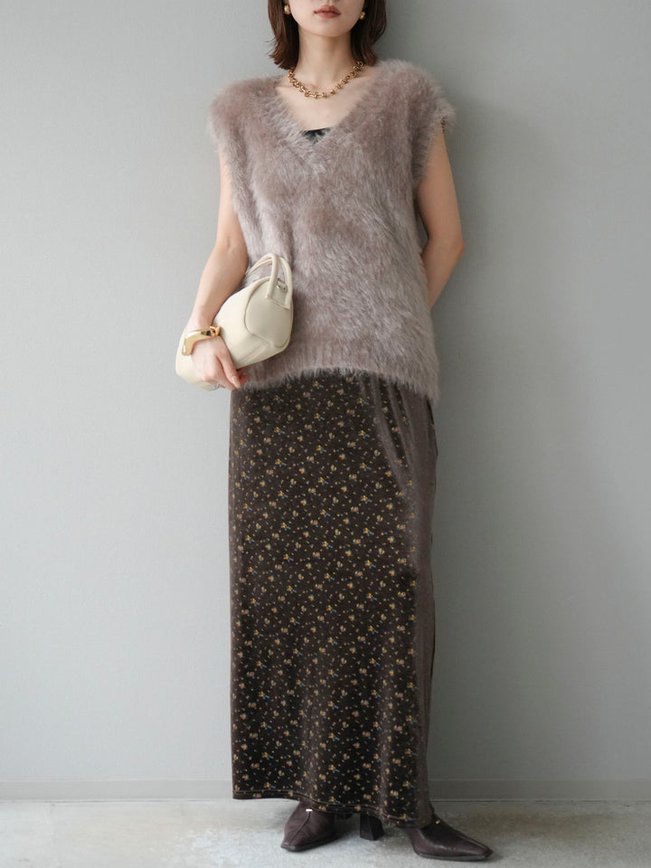 [予約]ベロアフラワープリントIラインスカート/ブラウンxイエロー