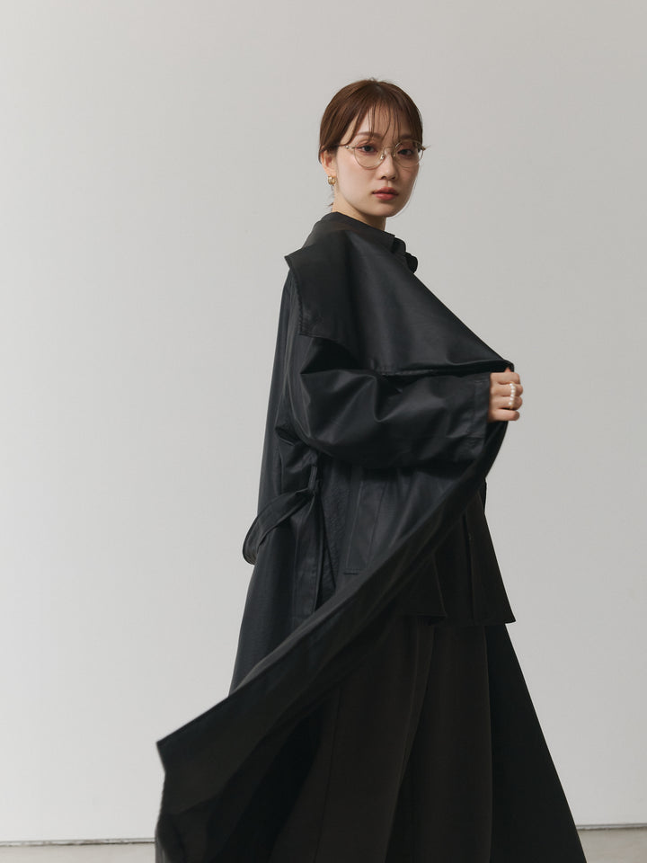 【Allure】[SET]ボタンダウンオーバーシャツ+デザインタックセンターシームアイドパンツ+フラワーレーストップス+レザーBIGカラーロングコート(4set))