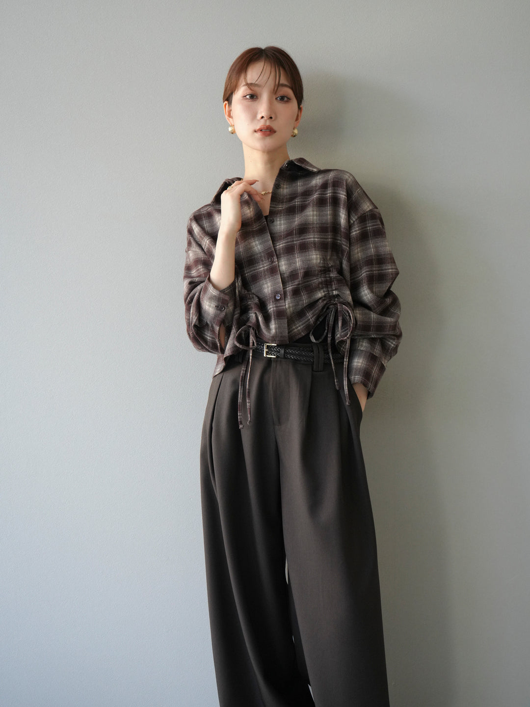 [予約]ドロストクロップネルチェックドシャツ/ブラウン