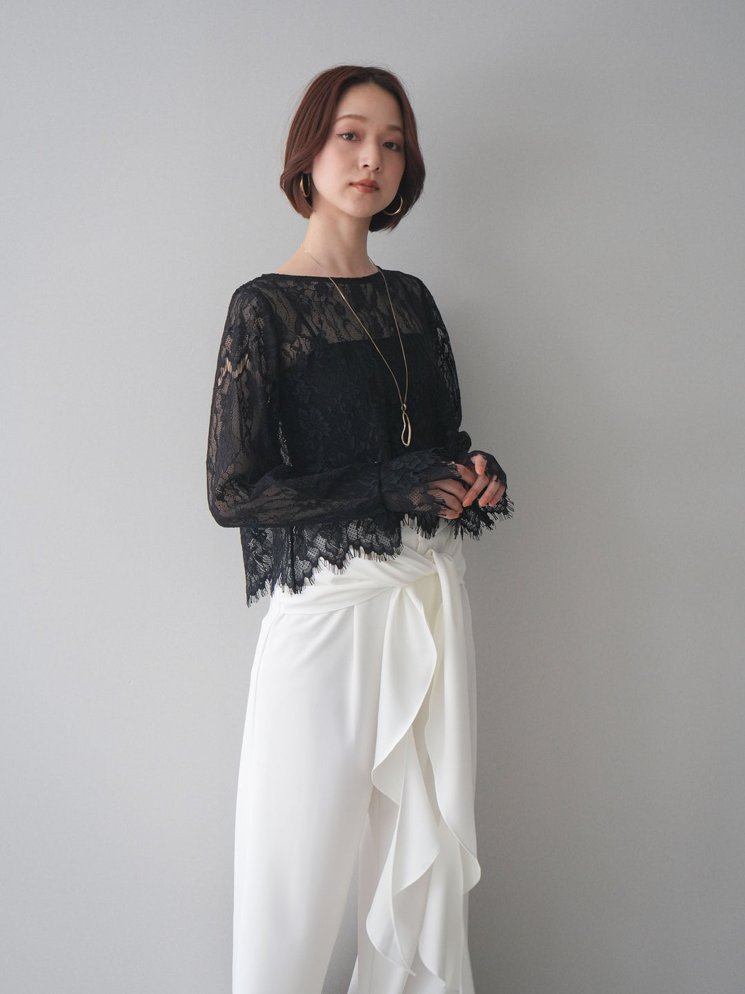 [SET]2WAYスリーブレーストップス+ラッフルベルトワイドパンツ(2set)