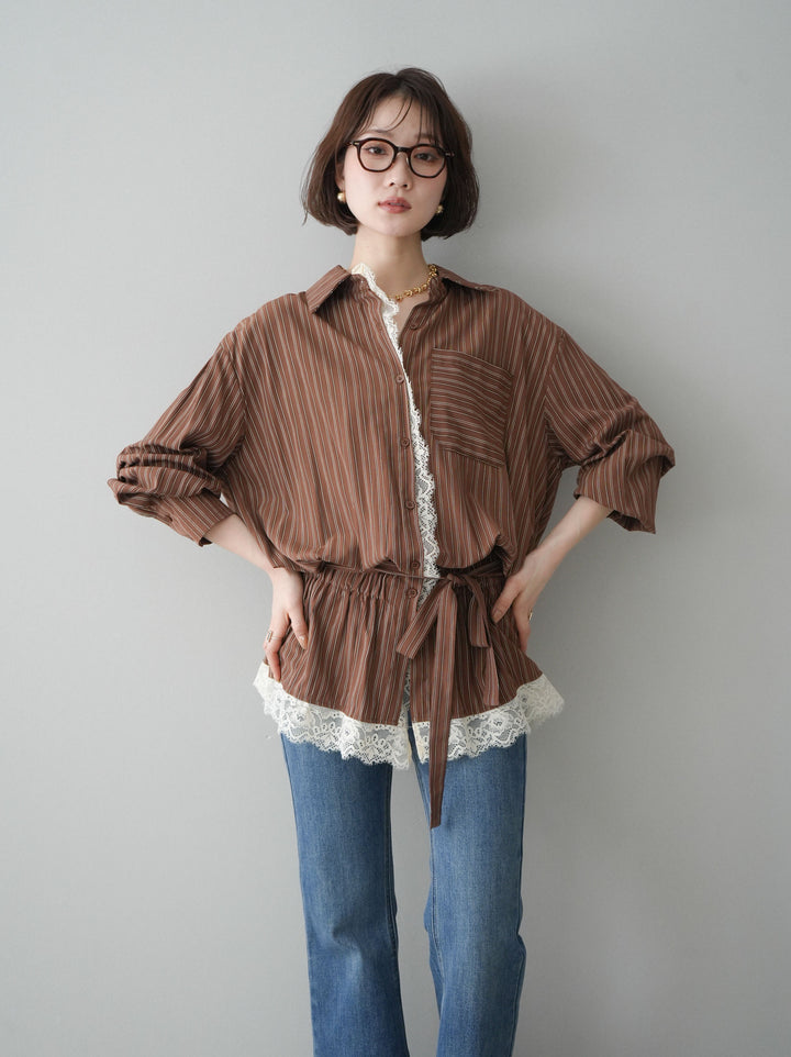 [SET]レース付ストライプウエストギャザーシャツ+フリンジデザインセミフレアデニム(2set)