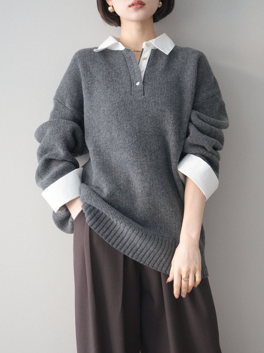 [予約]シャツドッキングオーバーニットプルオーバー/charcoaloff