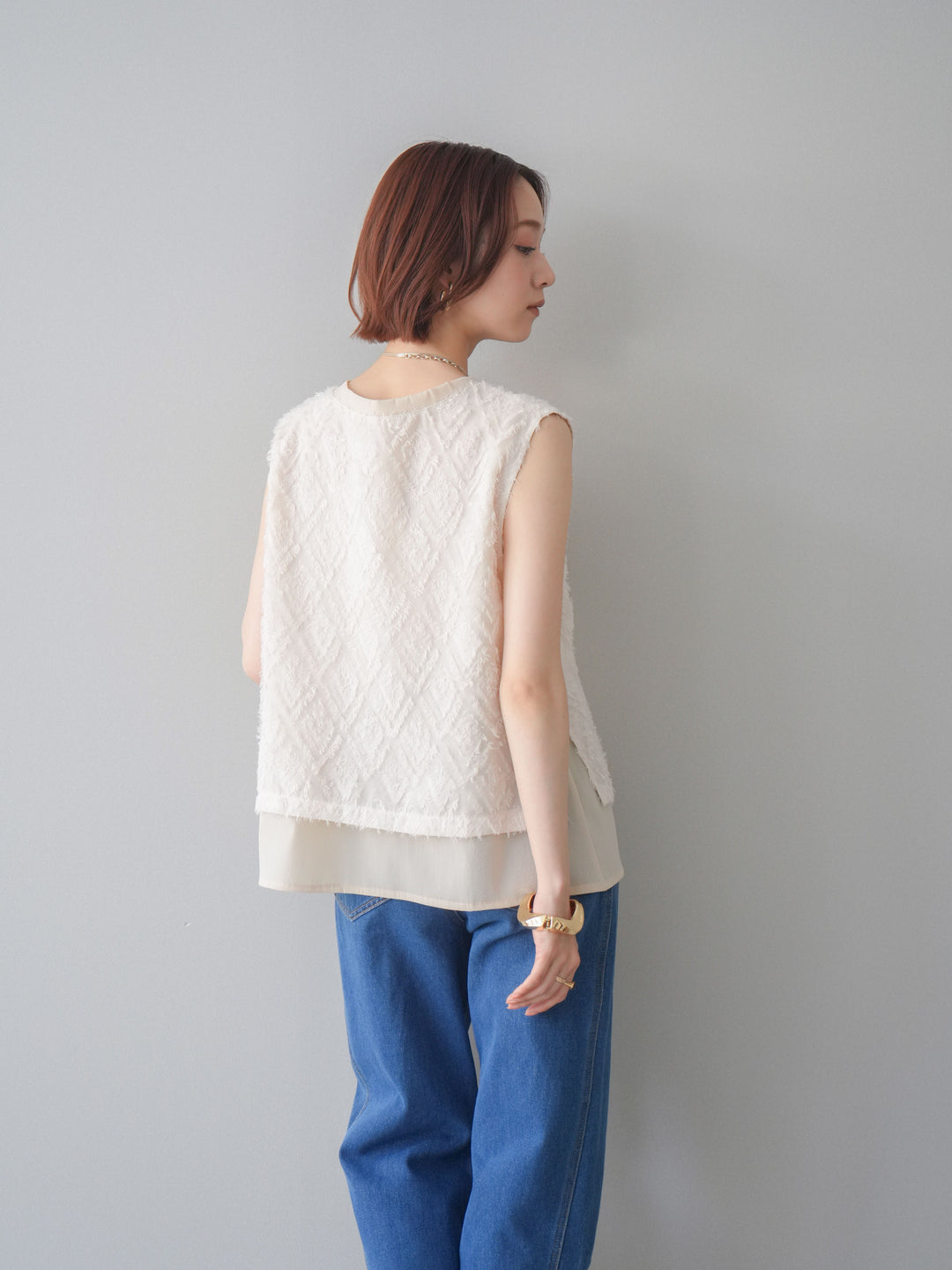 [SET]フリンジレイヤードVネックノースリーブ+フラワー刺繍ストレートデニム(2set)