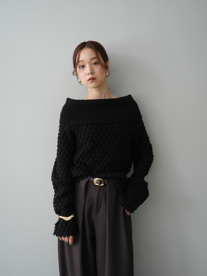 [SET]ポコポコ編みオフショルニットプルオーバー+ベルトループデザインワイドパンツ(2set)