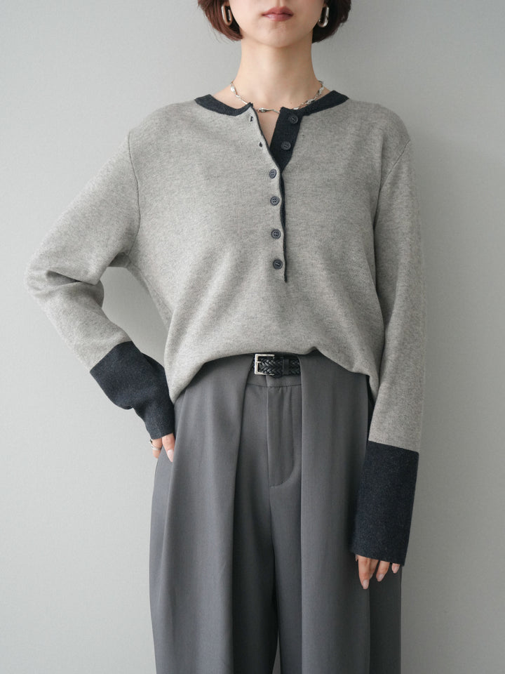 [SET]ヘンリーネック配色ニットソー+ベルトループデザインワイドパンツ(2set)