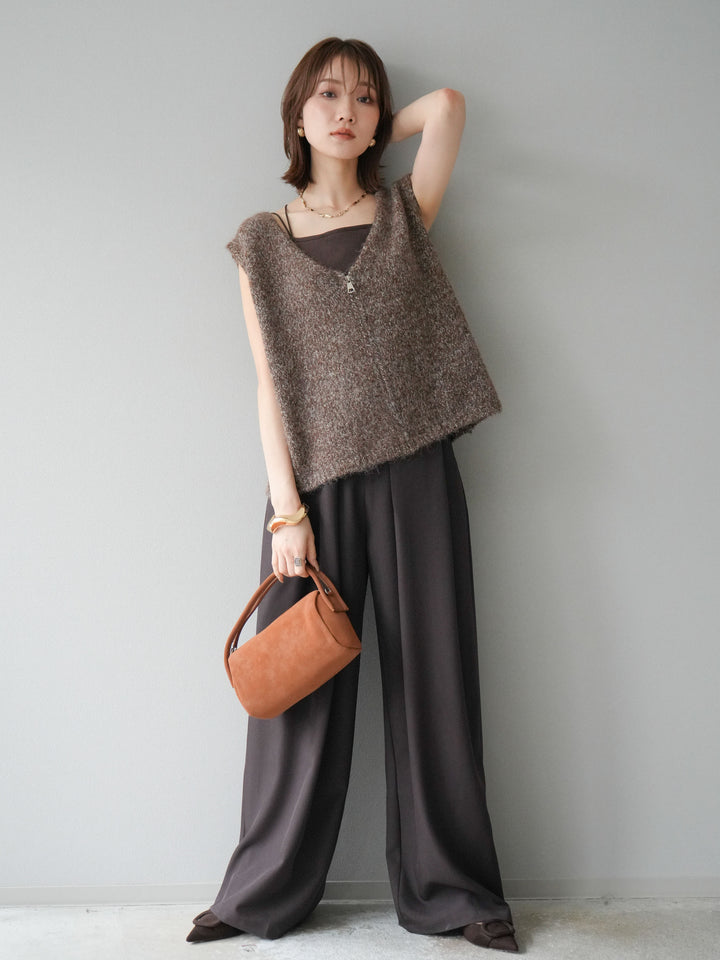 【預購】皮帶環設計寬褲/棕色