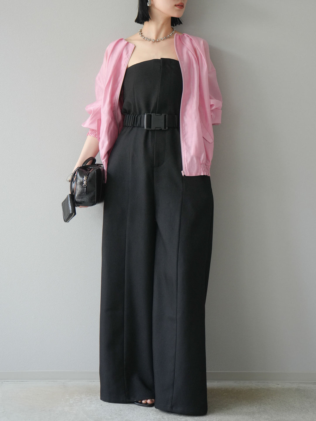 [SET]タックデザインシアーブルゾン+ヘザーツイルベルト付ベアサロペット(2set)