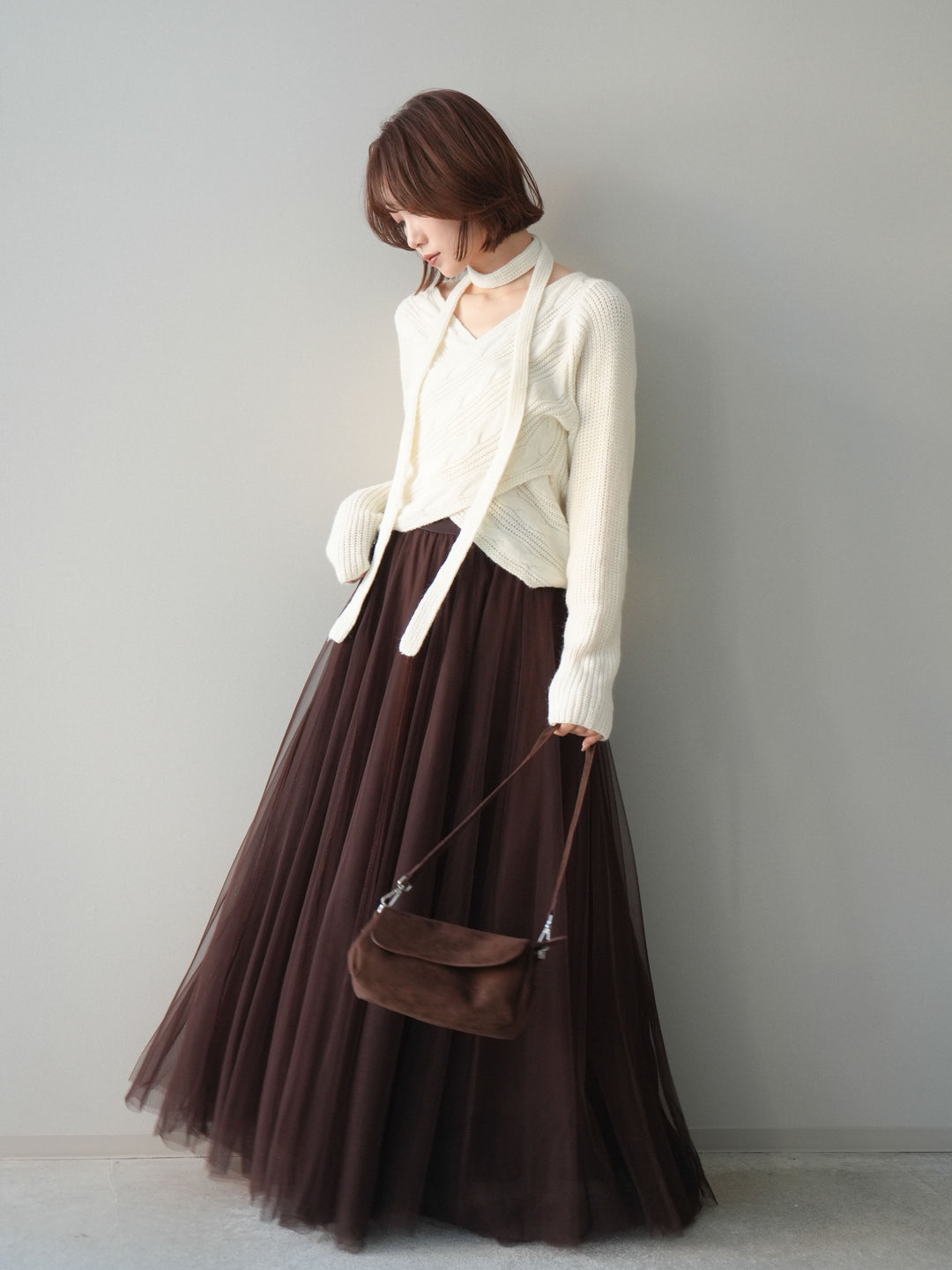 [SET]ケーブル編みクロスニットトップス+チュールボリュームスカート(2set)