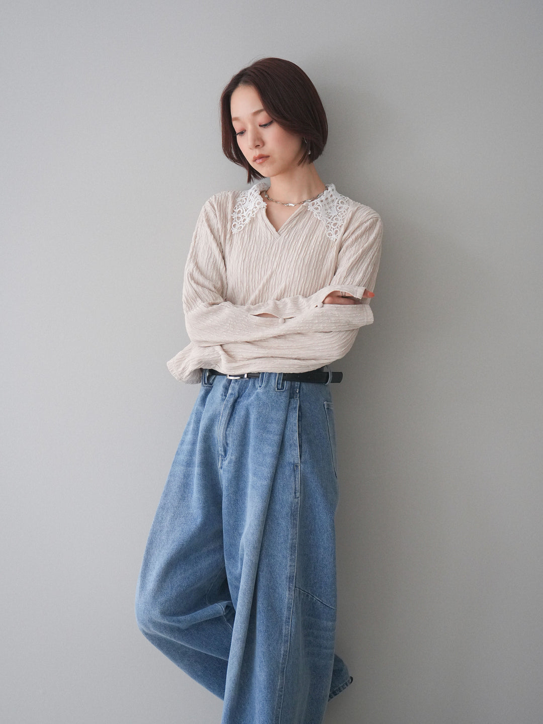 [SET]袖スリットレースカラートップス+袖スリットレースカラートップス(2set)