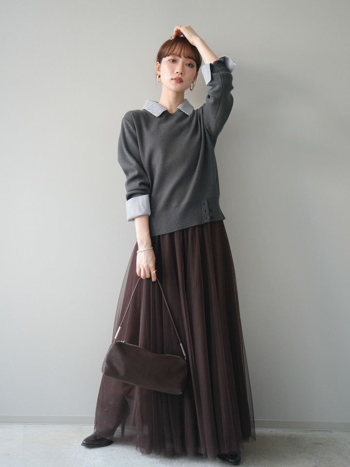 [SET]シャツドッキングデザイン裾ボタンニットプルオーバー+チュールボリュームスカート(2set)