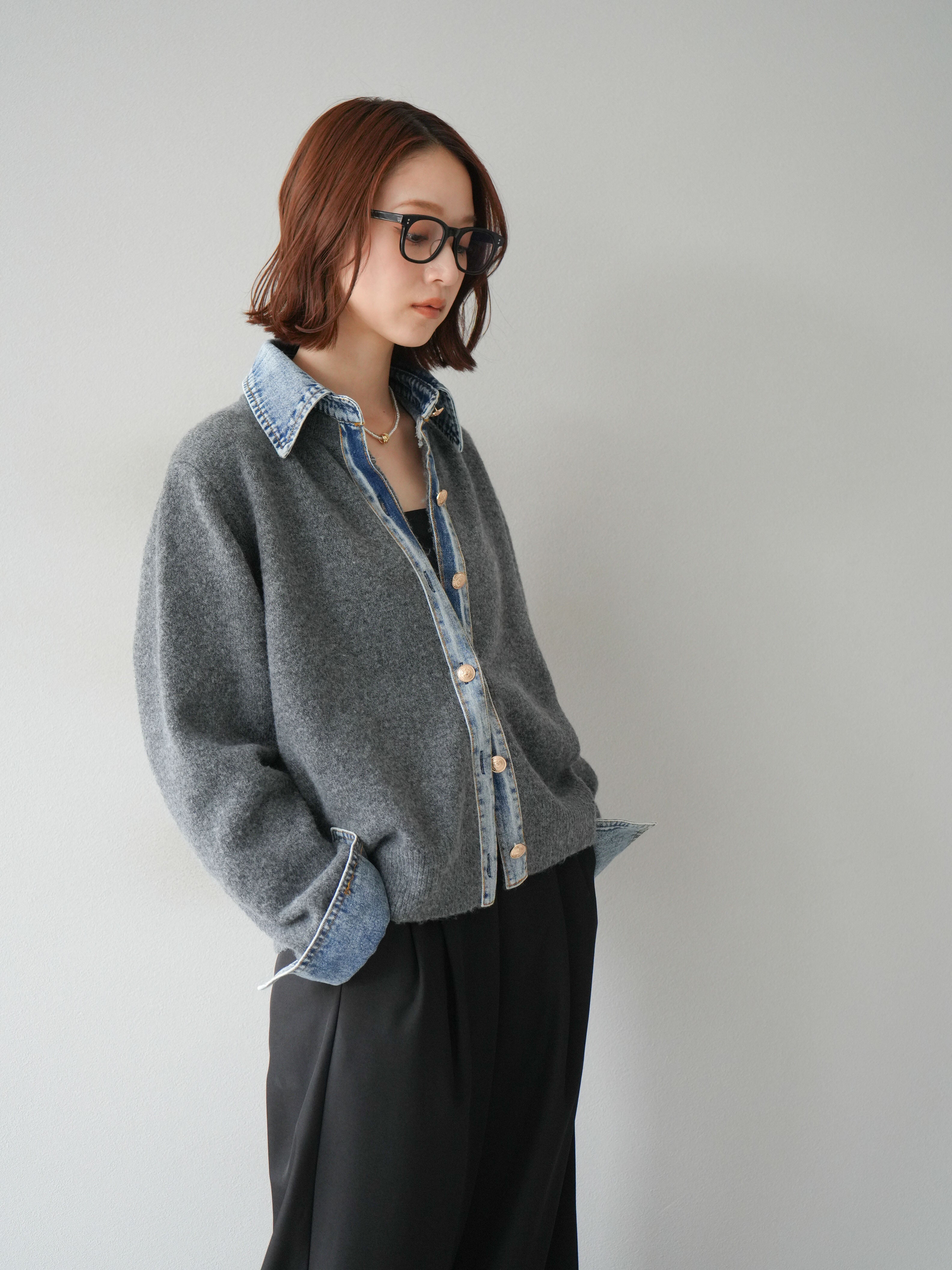 SET]デニム襟ボタンニットカーディガン+エステルタックワイドパンツ