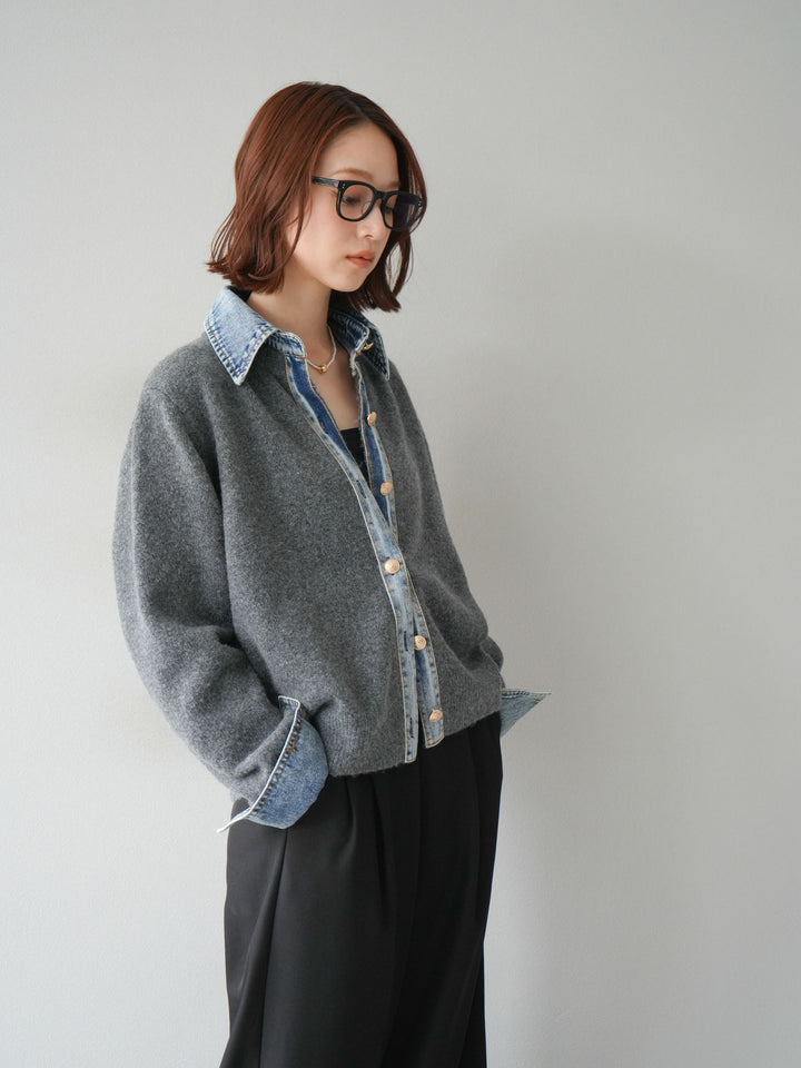 [SET]デニム襟ボタンニットカーディガン+エステルタックワイドパンツ(2set)