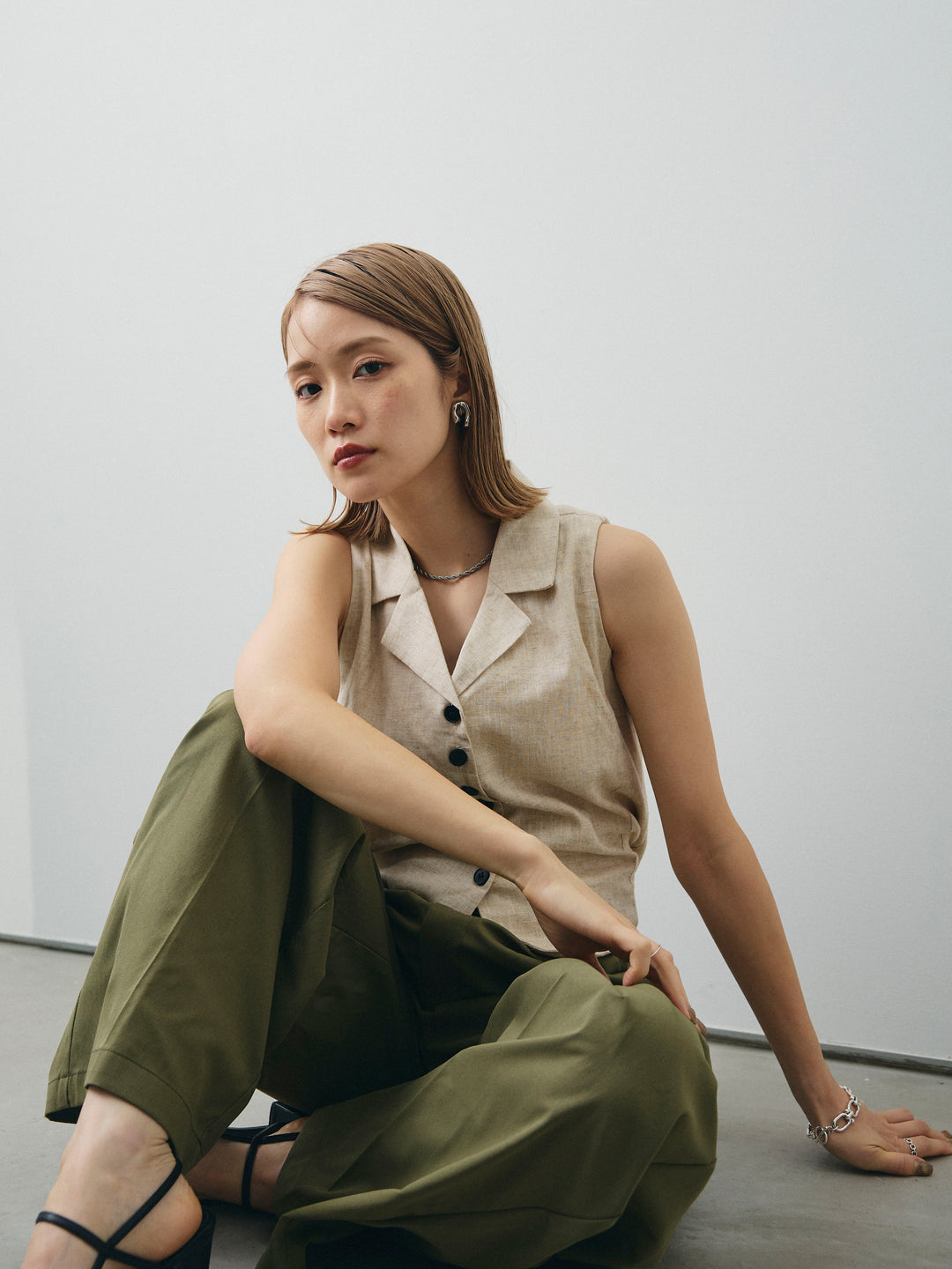 [SET]リネンライクテーラードジレ+コクーンワイドチノパンツ(2set)