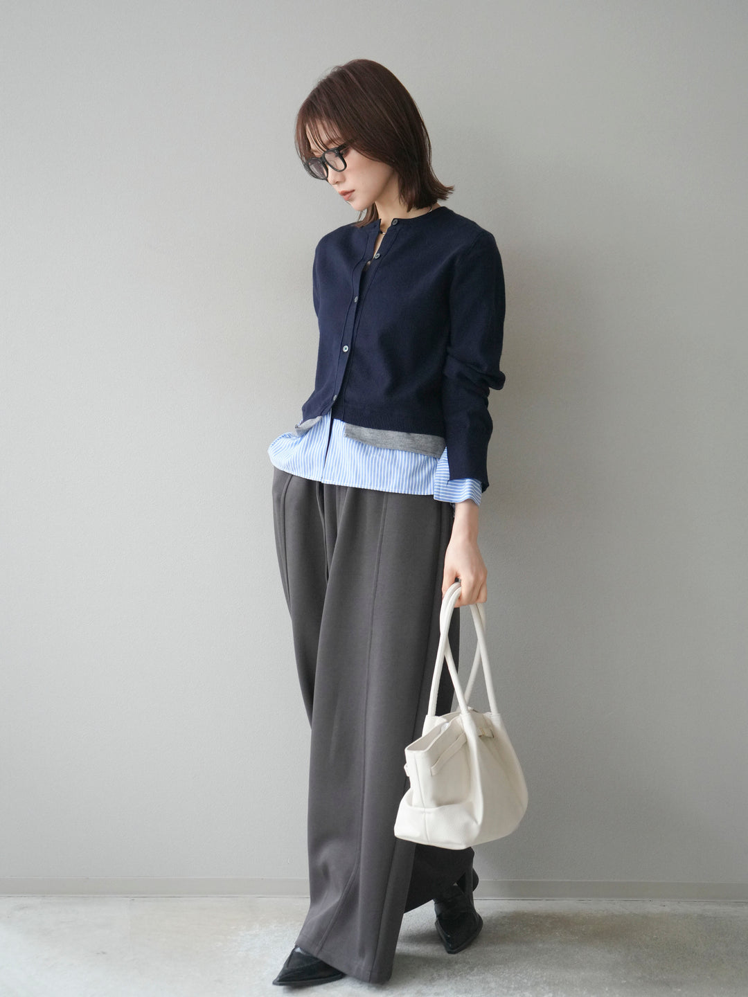 [SET]シャツ襟レイヤードニットカーディガン+ベルト付スウェットワイドパンツ(2set)