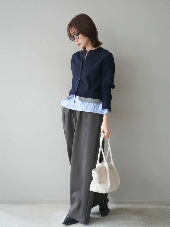[SET]シャツ襟レイヤードニットカーディガン+ベルト付スウェットワイドパンツ(2set)