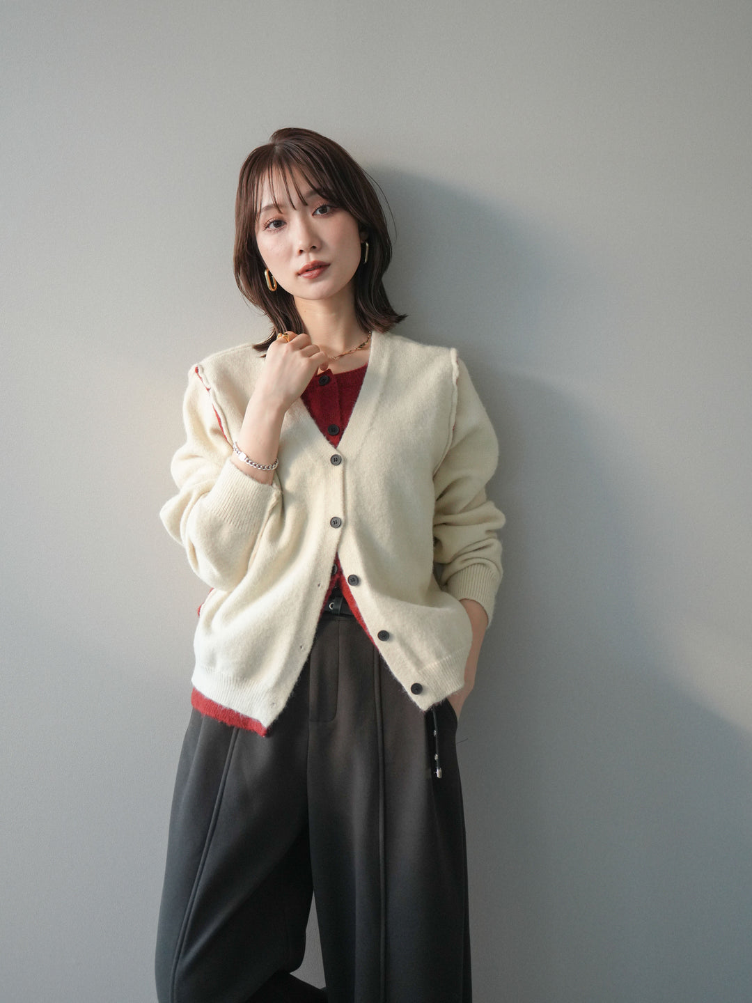 [予約]配色レイヤードニットカーディガン/ apricot