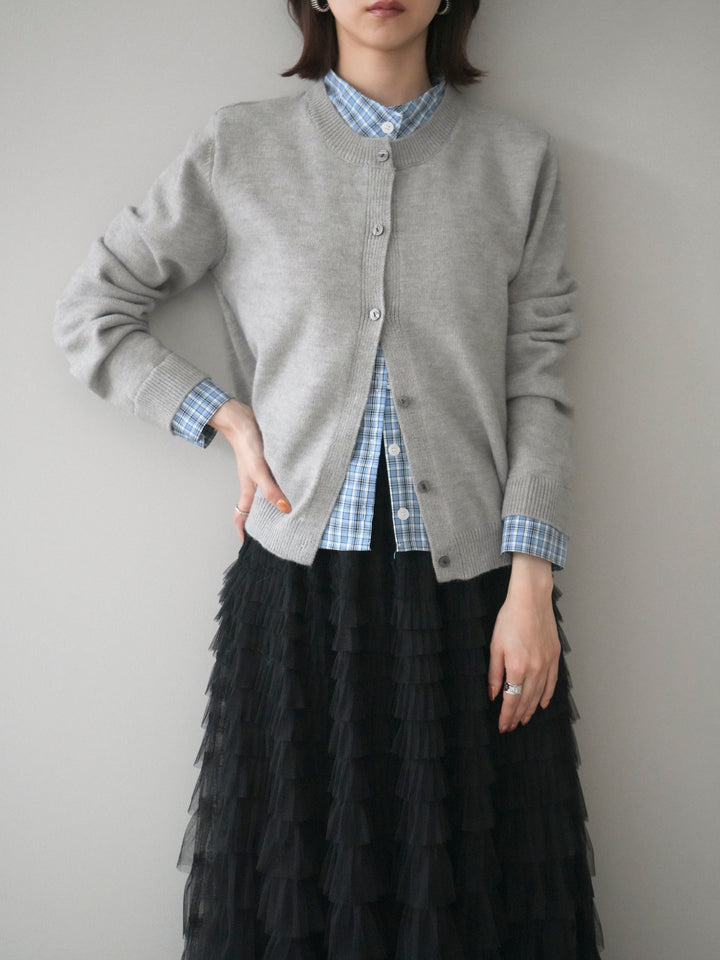 [予約]チェックシャツレイヤードデザインニットカーディガン/gray