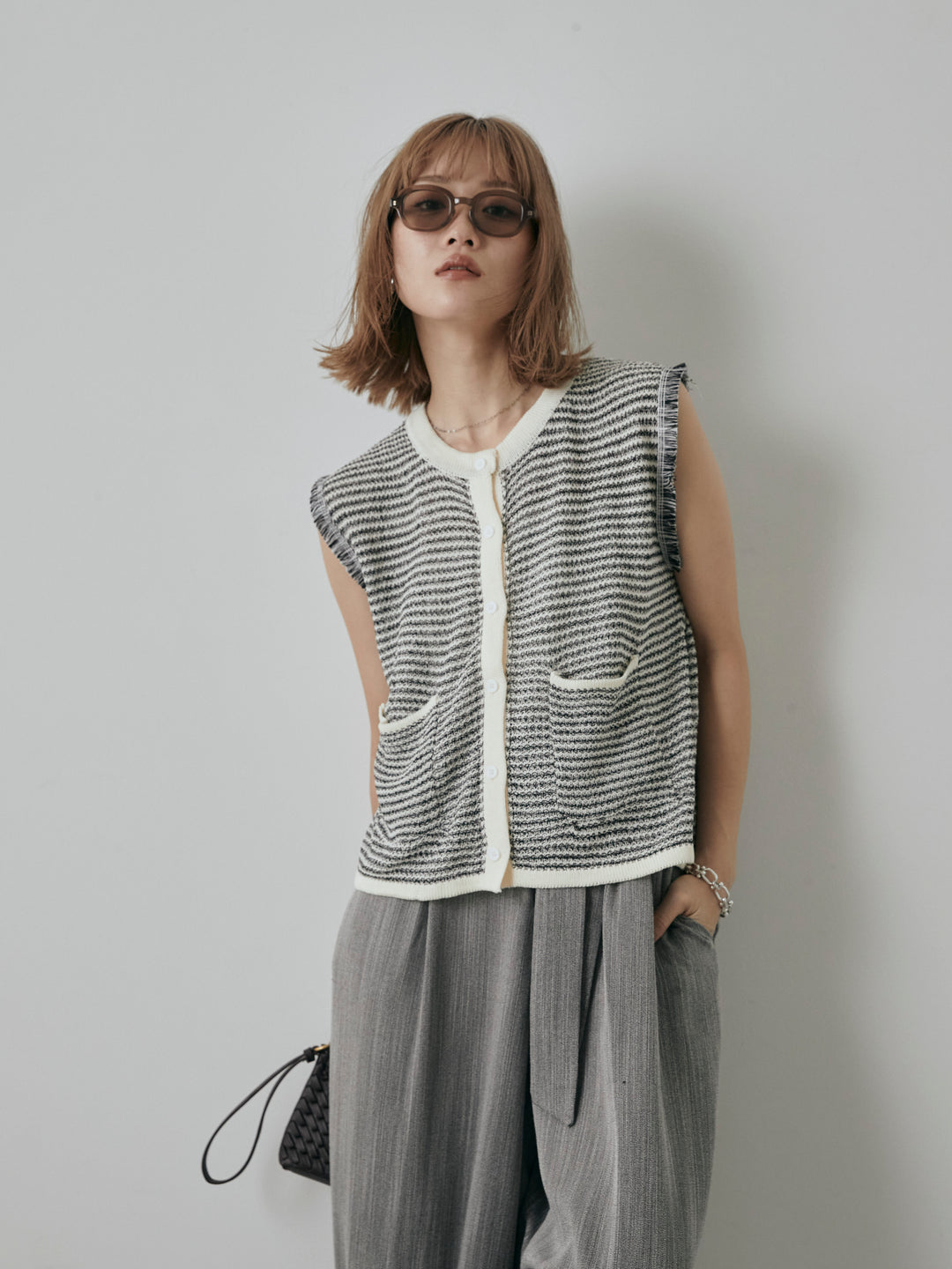 [予約]ボーダー袖フリンジニットベスト/オフ