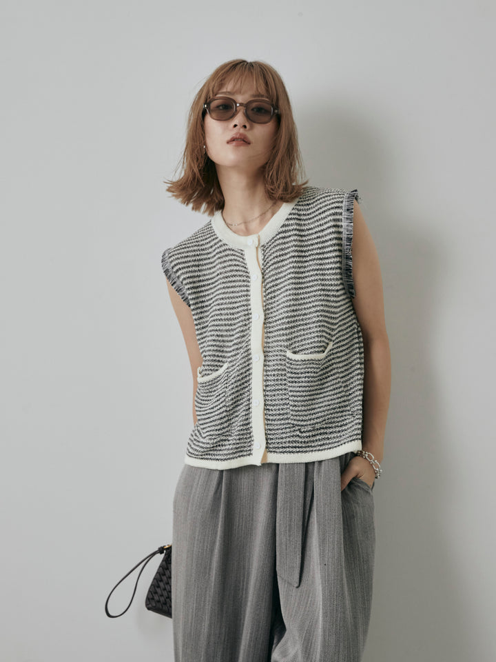 [予約]ボーダー袖フリンジニットベスト/オフ