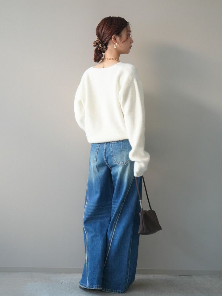 [予約]サイドフリンジワイドデニムパンツ/navy