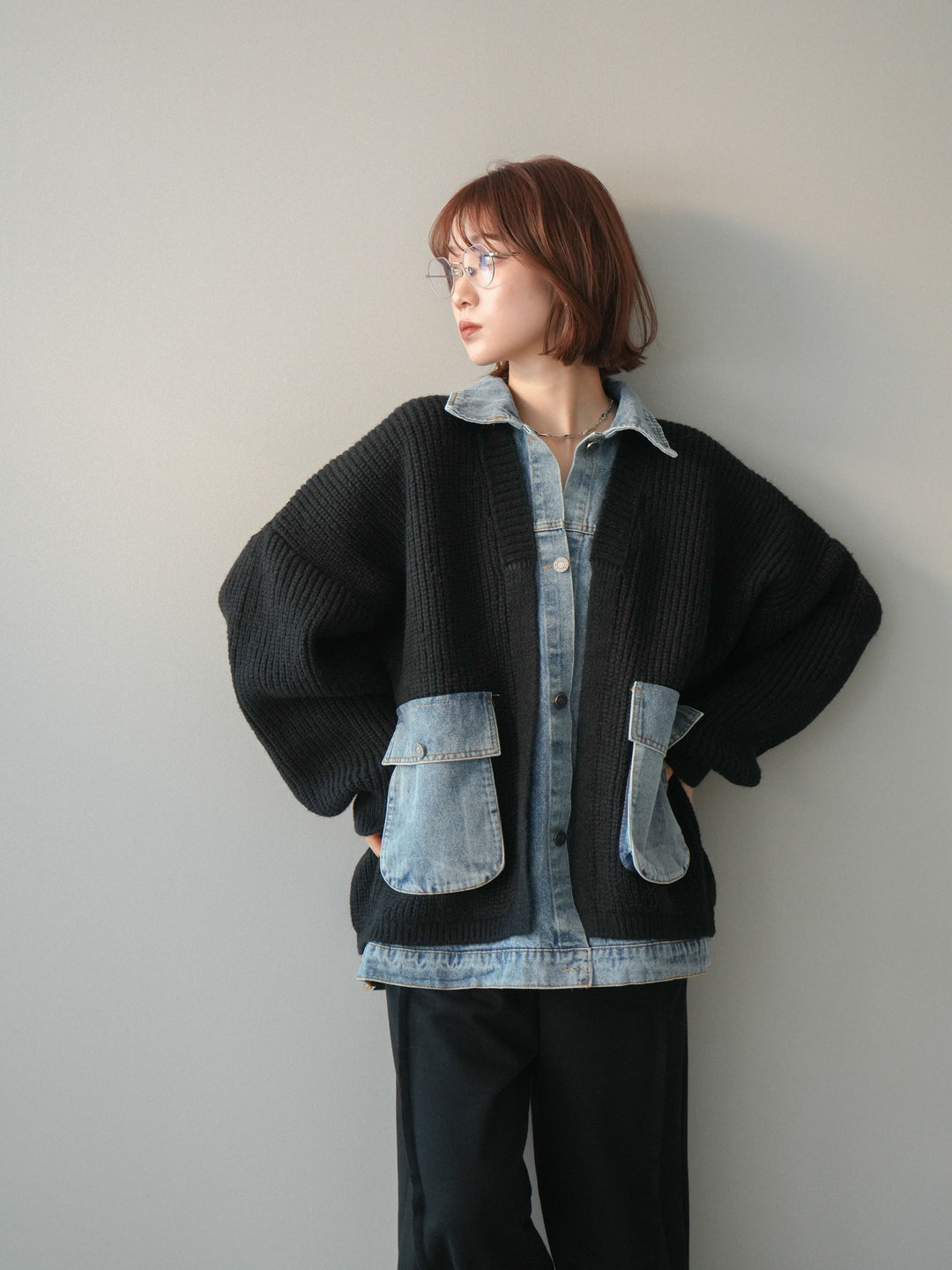 [予約]デニムドッキングオーバーニットジャケット/black