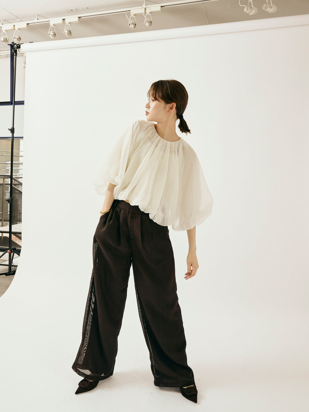 [予約]メッシュタックワイドパンツ/ブラウン