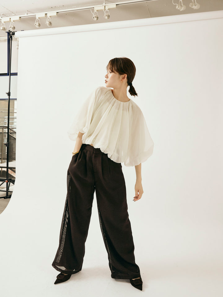 [予約]メッシュタックワイドパンツ/ブラウン