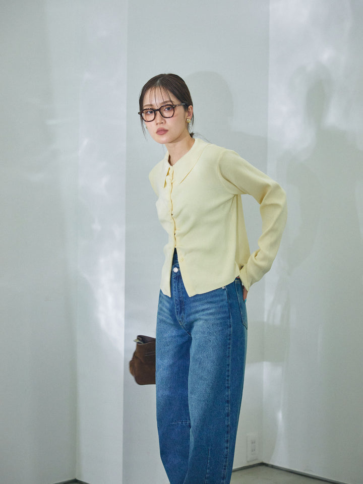 【Allure】[SET]襟付きギャザーニットカーディガン+アシメカーブデニムパンツ(2set)