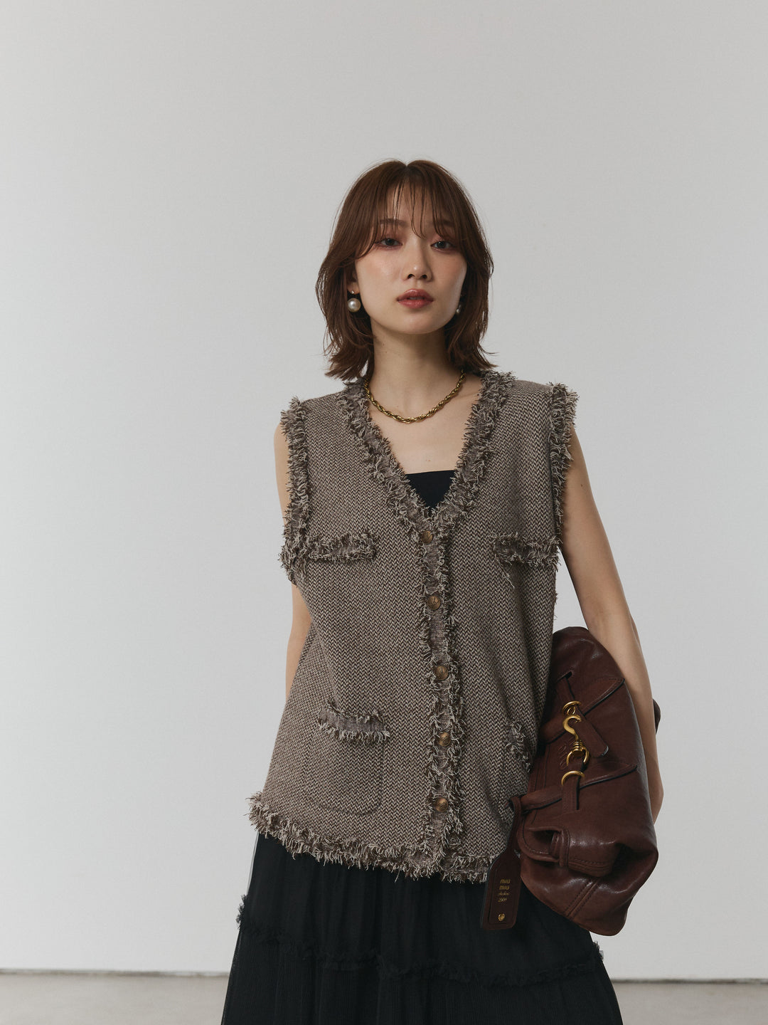 【Allure】[SET]アンティークボタンツイードフリンジニットベスト+チュールティアードフレアスカート(2set)