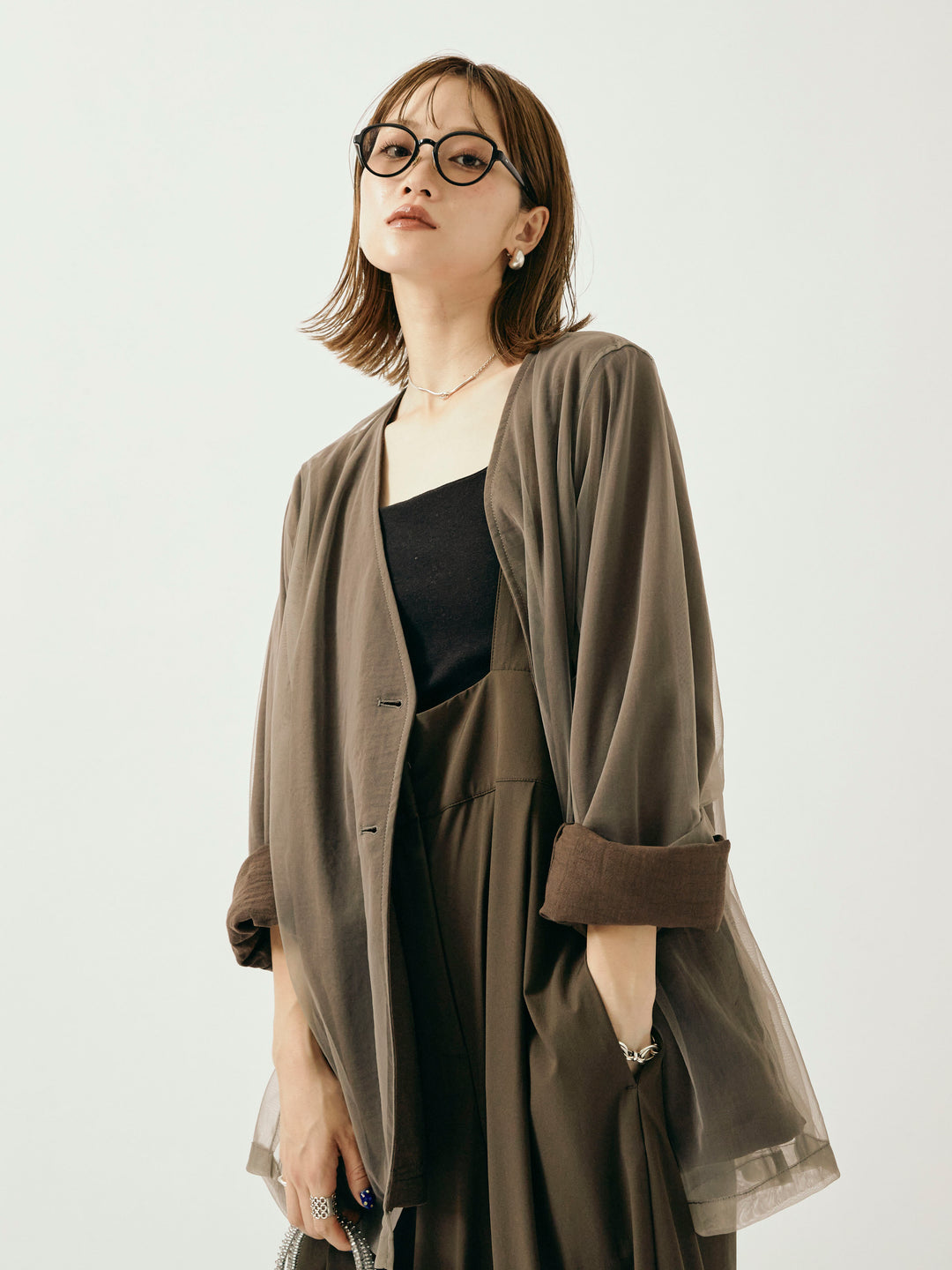 [予約]チュールレイヤードVジャケット/ブラウン