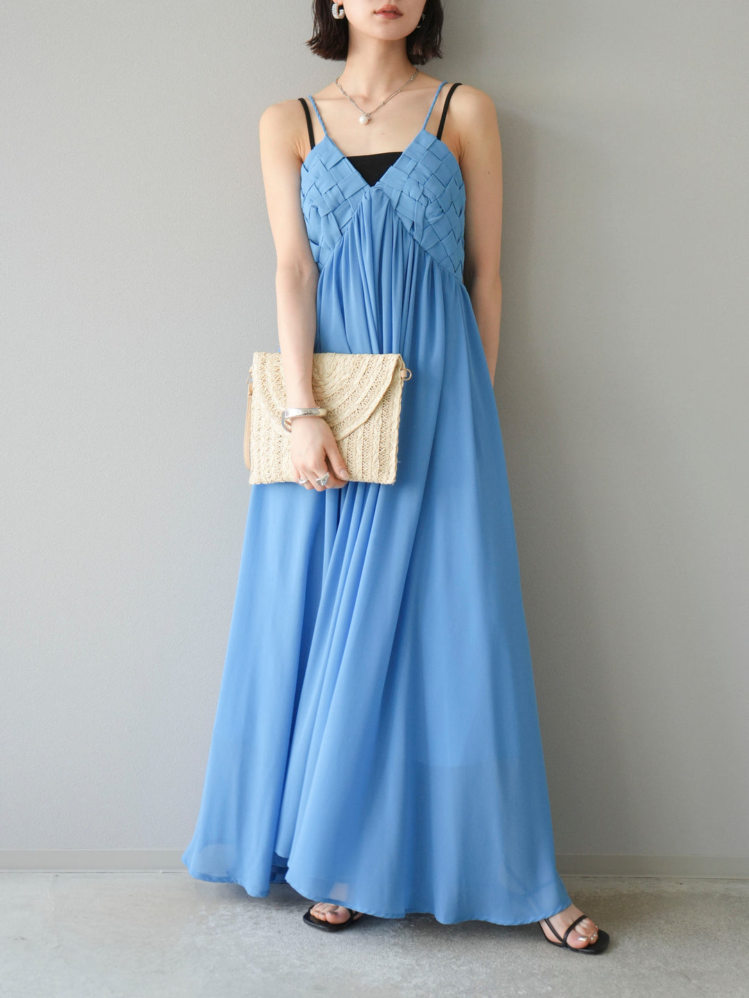 [SET]編み込みデザインシフォンワンピース+カップ付テレコリブベアキャミソール(2set)