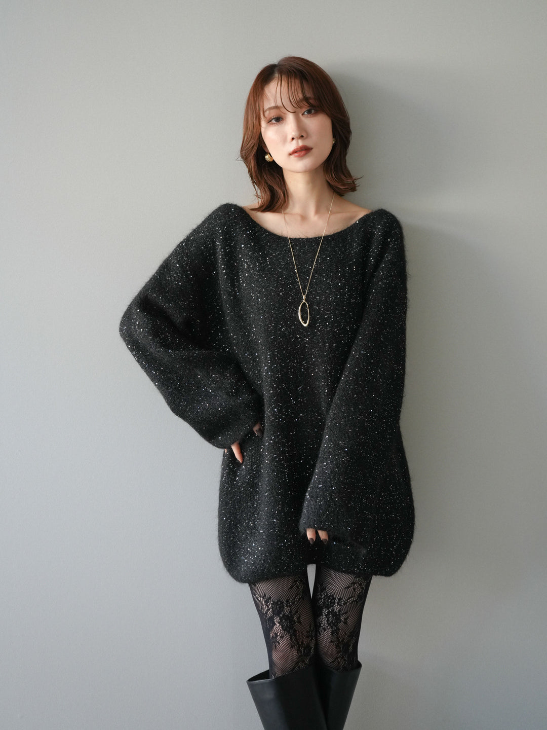 [予約]スパンコールミニシャギーニットチュニック/black