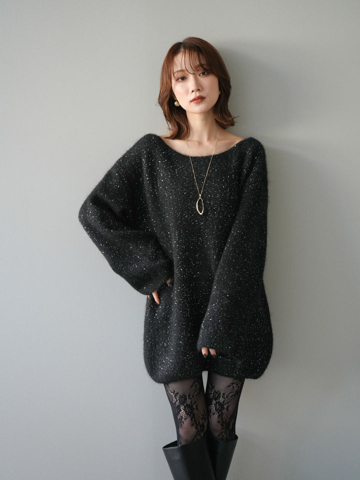 [予約]スパンコールミニシャギーニットチュニック/black