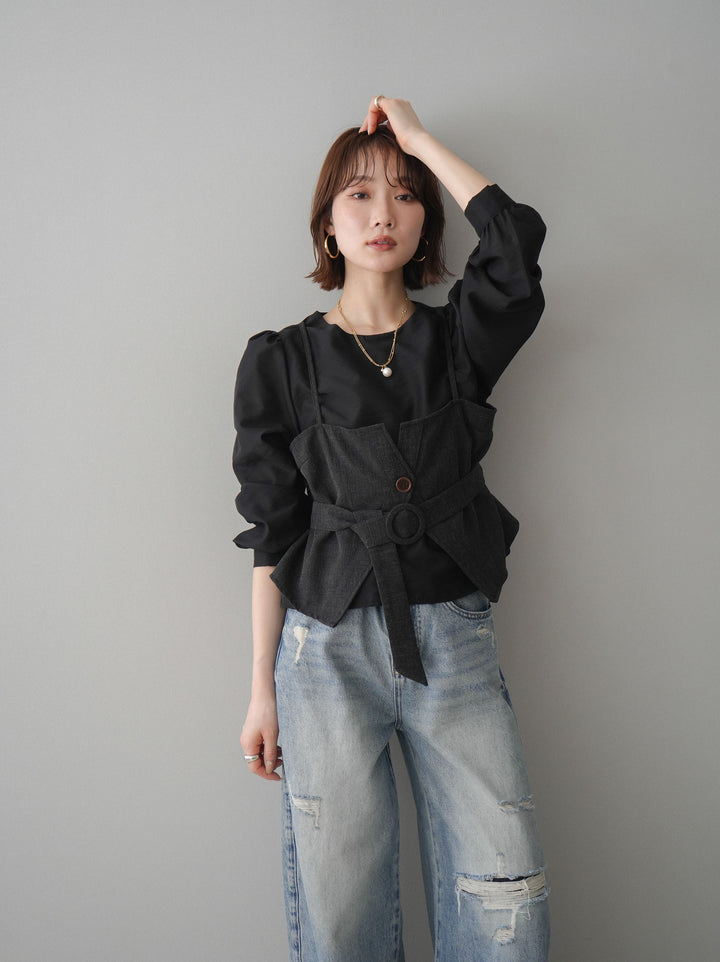[予約]異素材ビスチェドッキングブラウス/black
