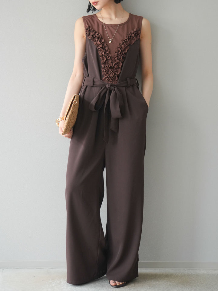 [預購] 荷葉邊設計連身褲/棕色