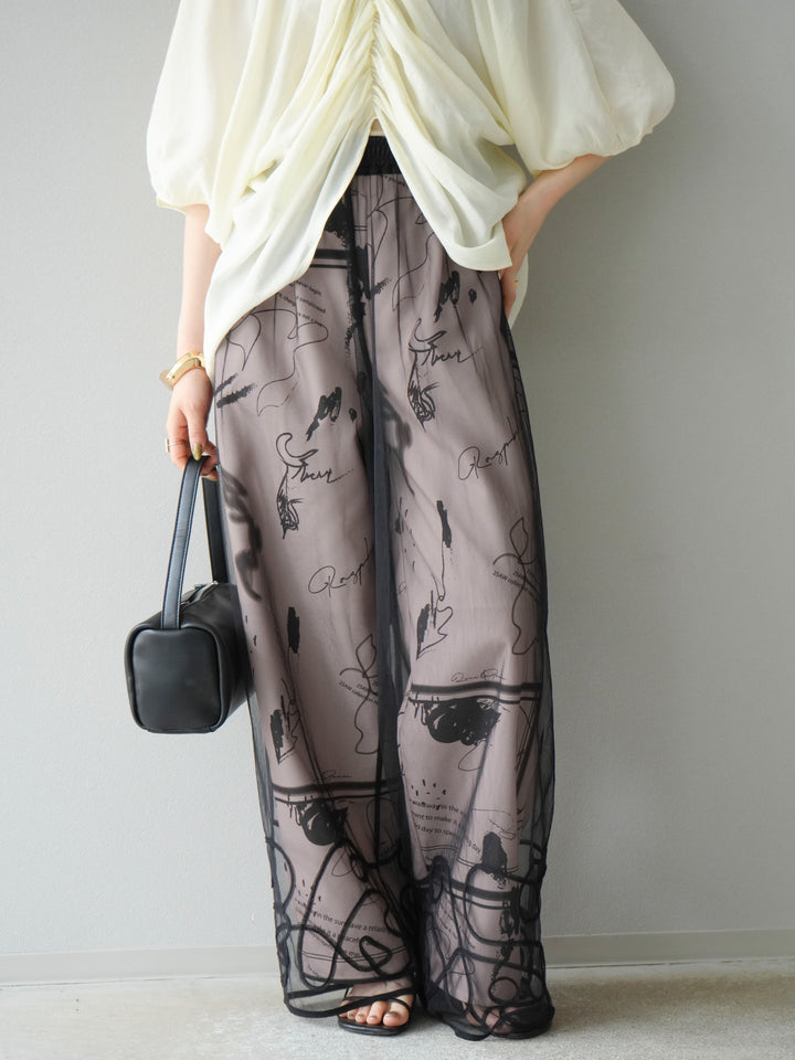 [SET]ボリュームスリーブシアータックブラウス+コード刺繍チュールレイヤードパンツ(2set)