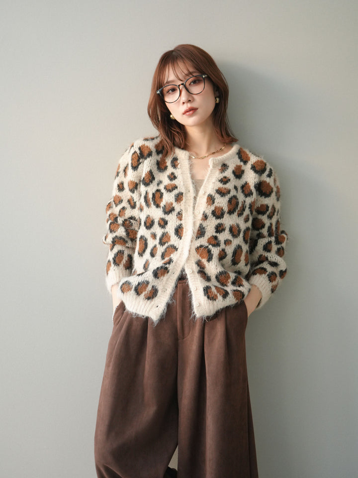 [予約]モヘアタッチレオパード柄ニットカーディガン/apricot