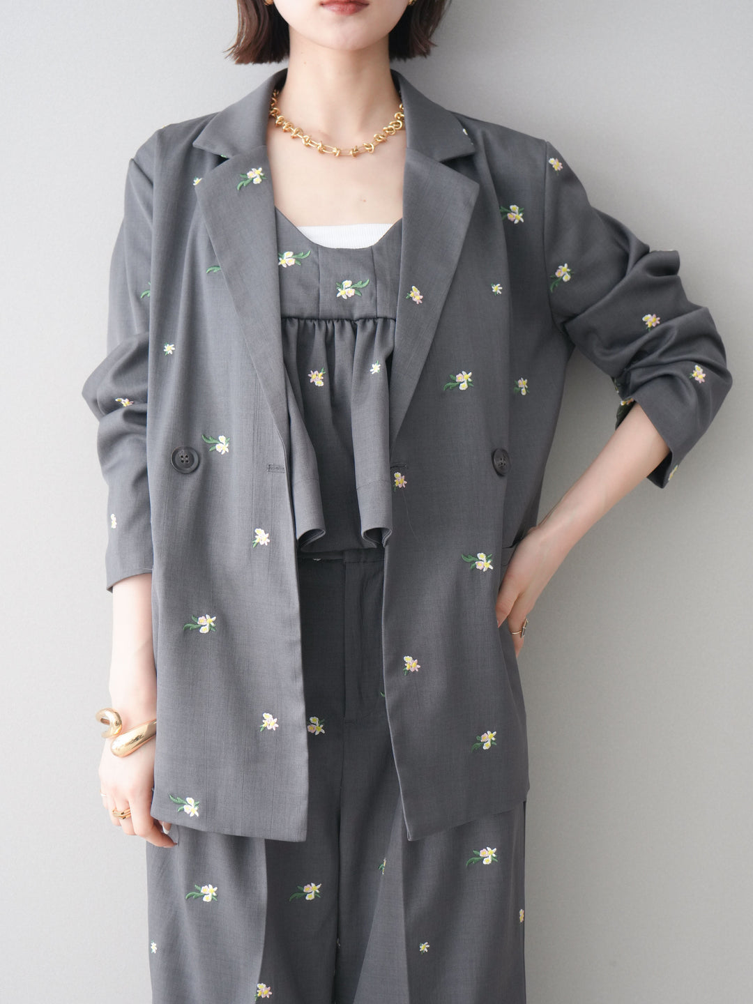 [予約]フラワー刺繍テーラードジャケット/gray