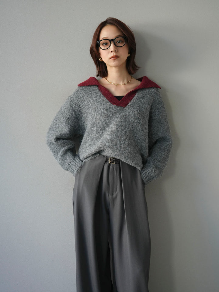 [SET]バイカラー襟付きニットプルオーバー+ベルトループデザインワイドパンツ(2set)