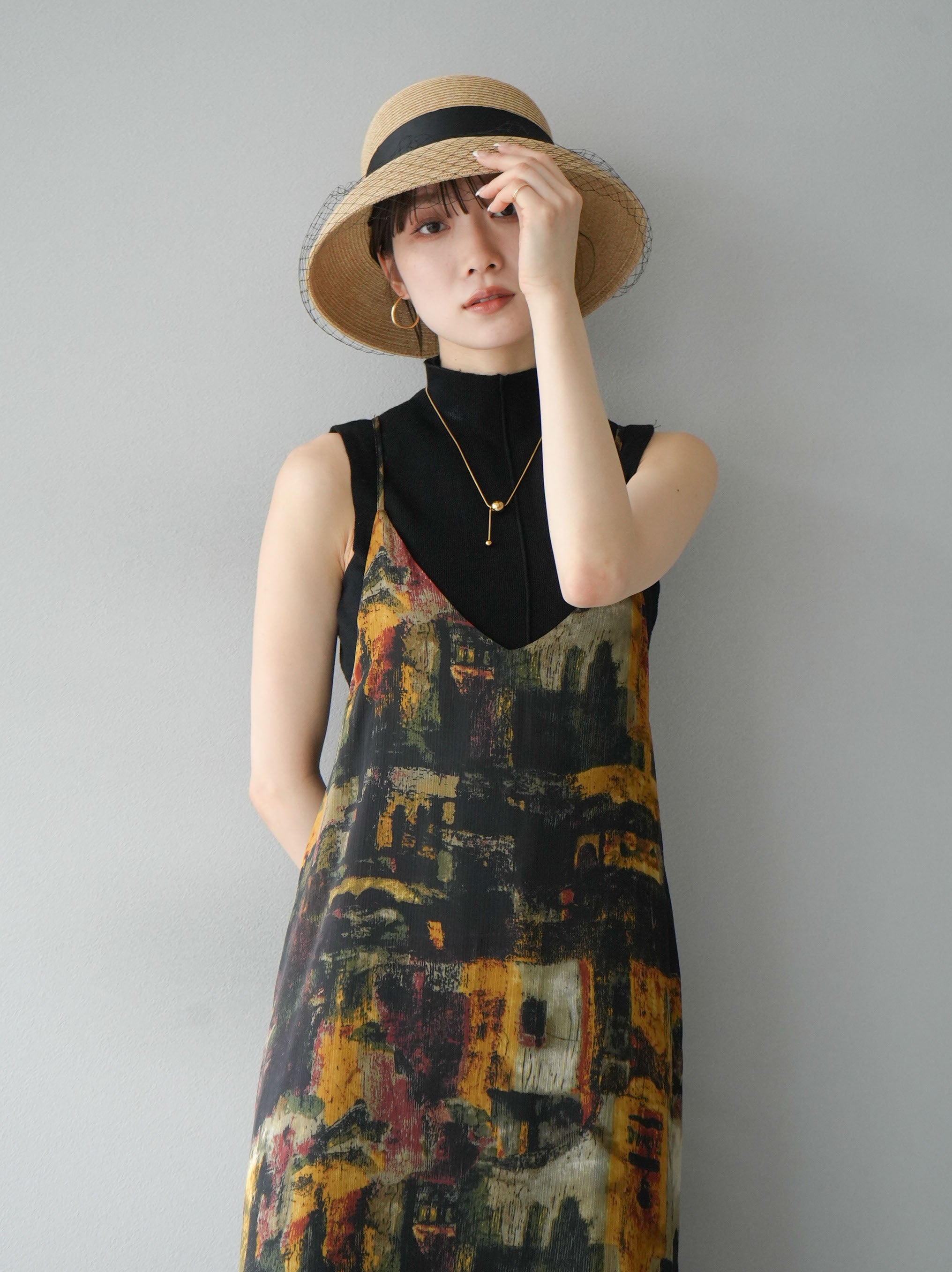 SET]ニュアンス柄バッククロスキャミワンピース+プチネックセンター