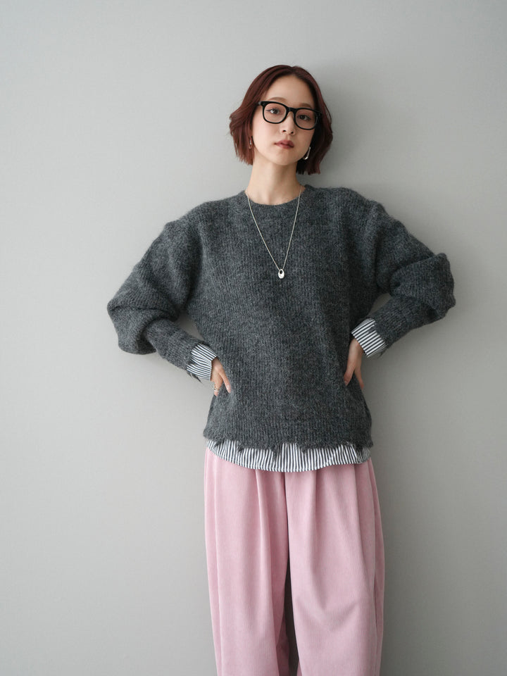 [SET]裾シャツレイヤードダメージニットプルオーバー+コーデュロイサイドタックコクーンパンツ(2set)