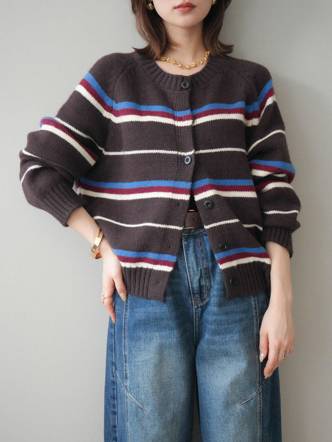 [SET]ランダムボーダーニットカーディガン+デザインステッチカーブデニムパンツ(2set)