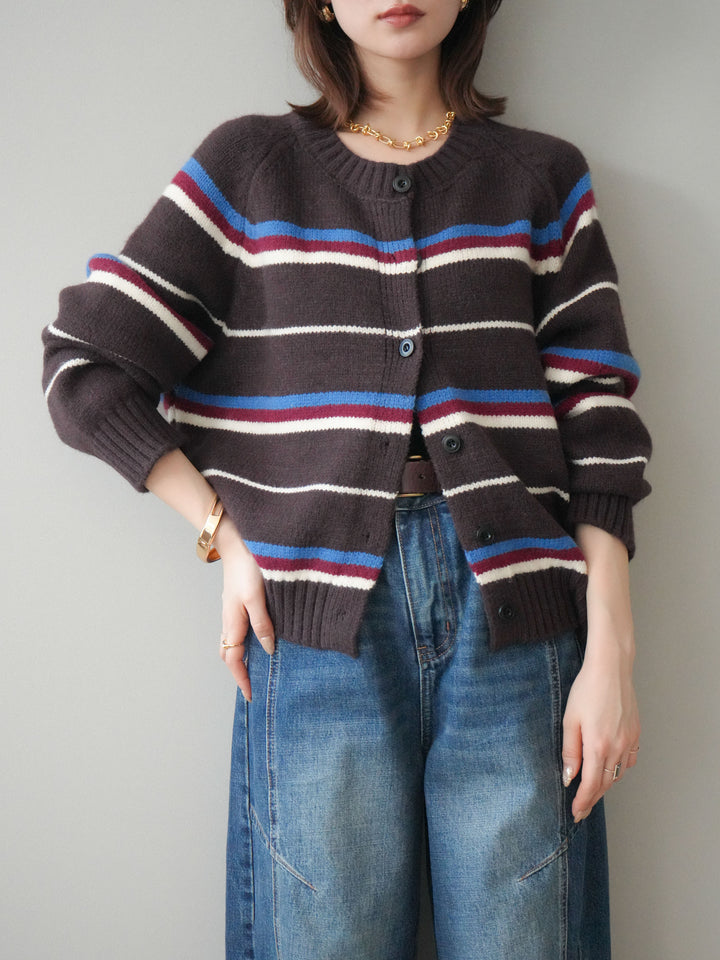 [SET]ランダムボーダーニットカーディガン+デザインステッチカーブデニムパンツ(2set)