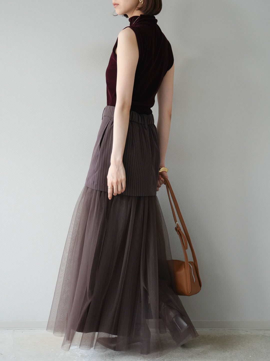 [予約]ストライプ切替チュールスカート/ブラウン