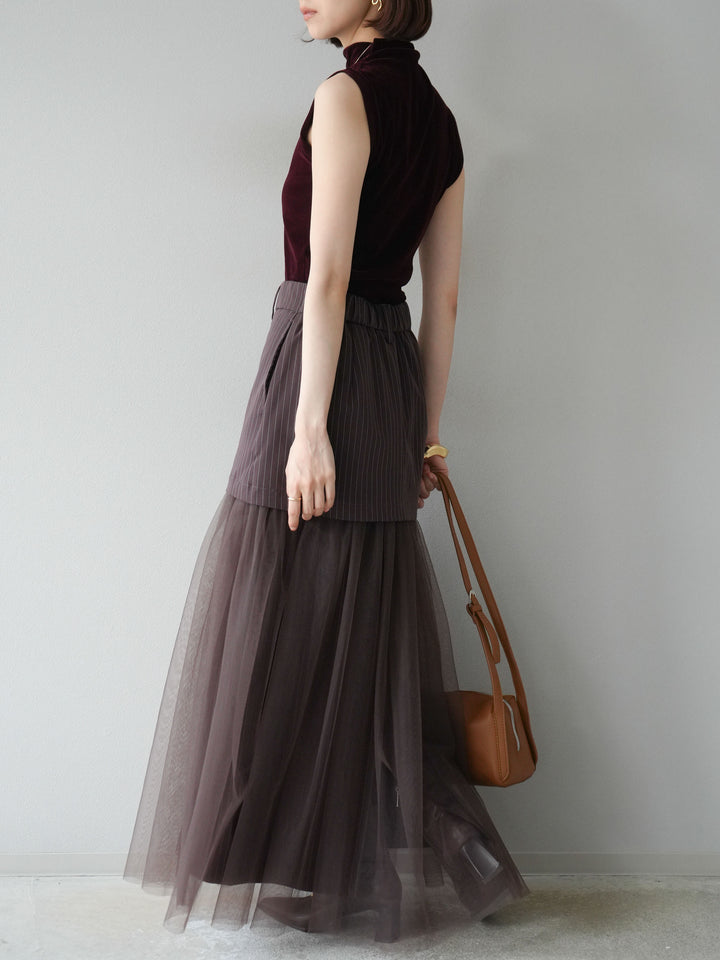 [予約]ストライプ切替チュールスカート/ブラウン